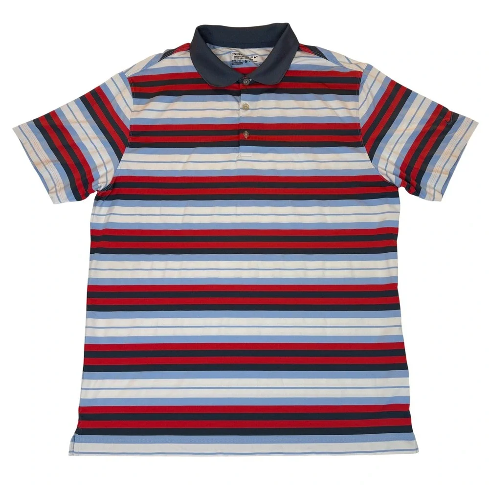 NIKE Golf Polo Shirt Men's Striped Red Blue White Short Sleeve Dri-Fit Casual XL